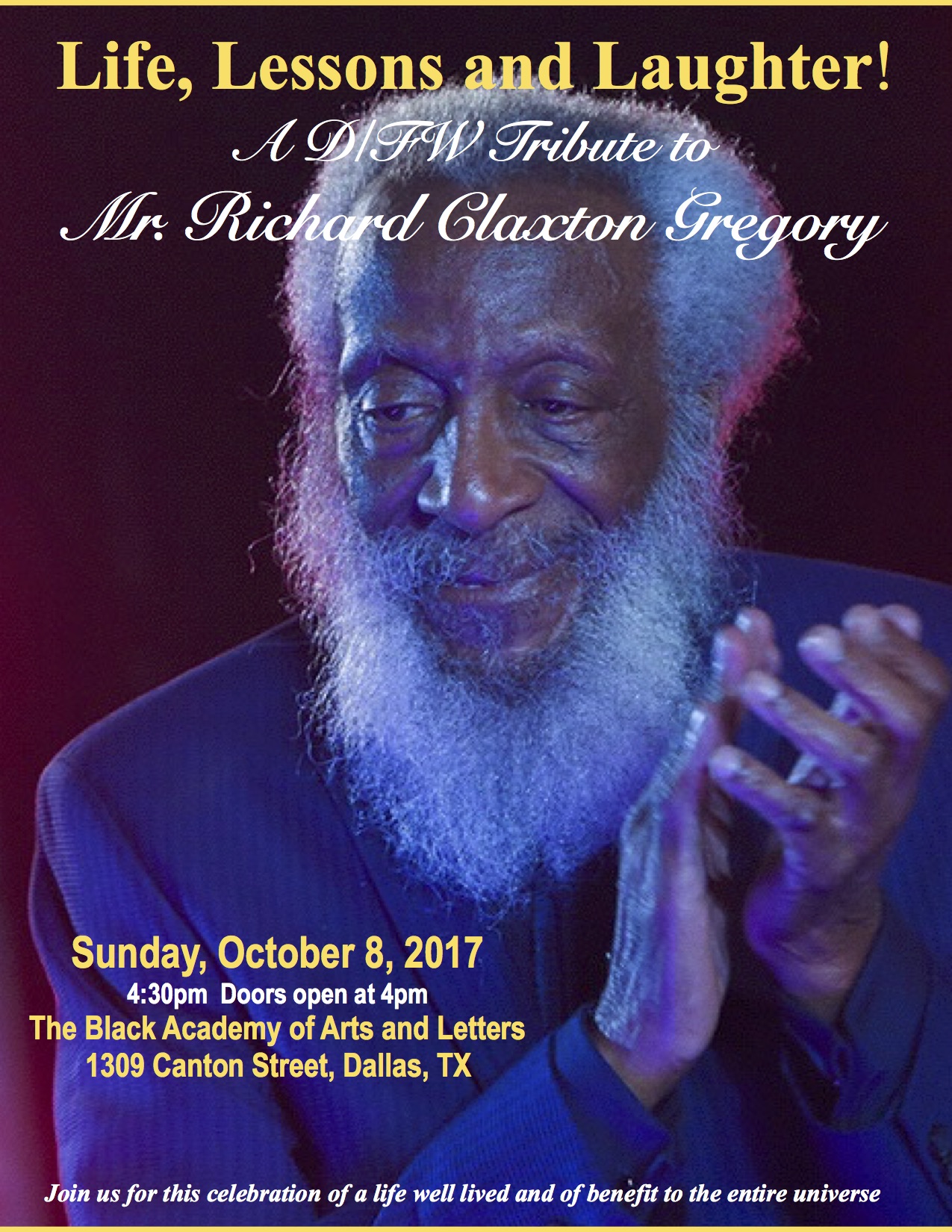 Press Release: Life, Lessons and Laughter: A DFW Tribute to Mr. Richard Claxton Gregory