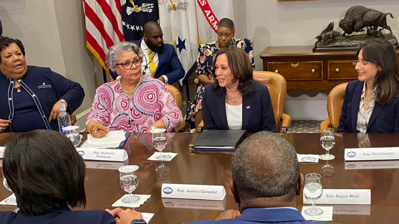 Vice President Kamala Harris talks with Texas delegation