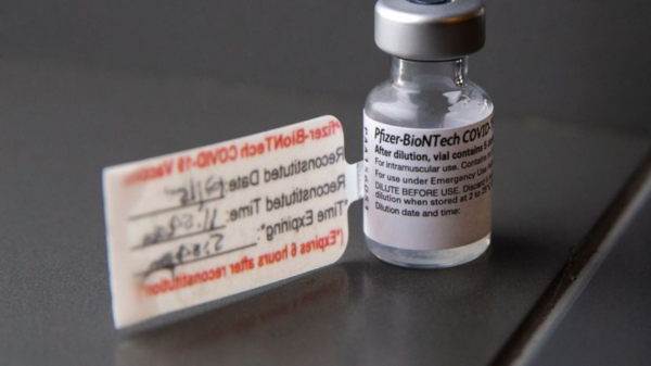 A vial containing five doses of the Pfizer COVID-19 vaccination