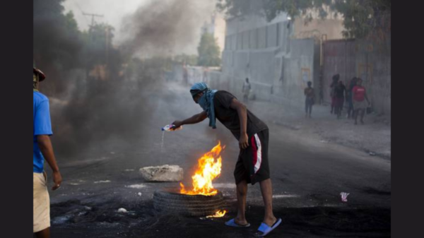 A masked protester