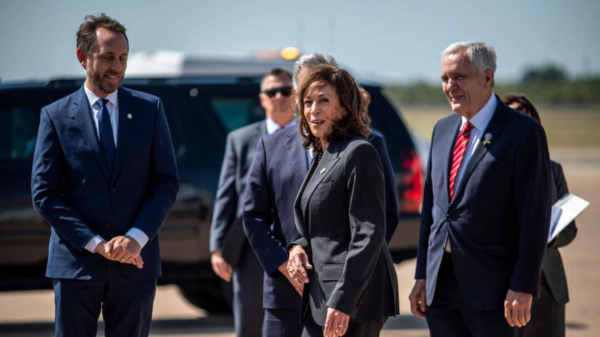 Vice President Kamala Harris arrives at Austin-Bergstrom International Airport