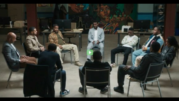 A men’s group therapy session from a screenshot in an episode of “The Chi.”