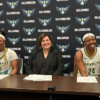Oydssey Sims, Coach Latricia Trammel, Arike Ogunbowale after their 94-88 win over the Lynx.